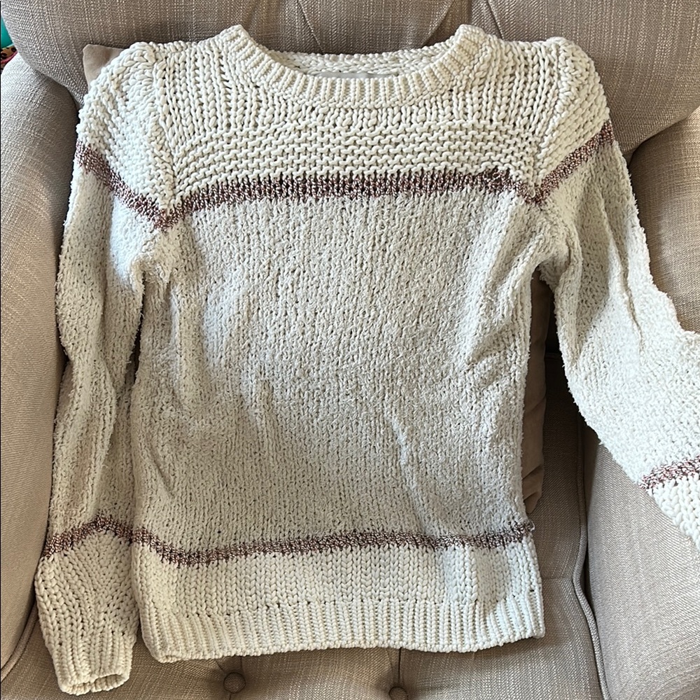 LOFT Cream Crew Neck Sweater with Textured Knit